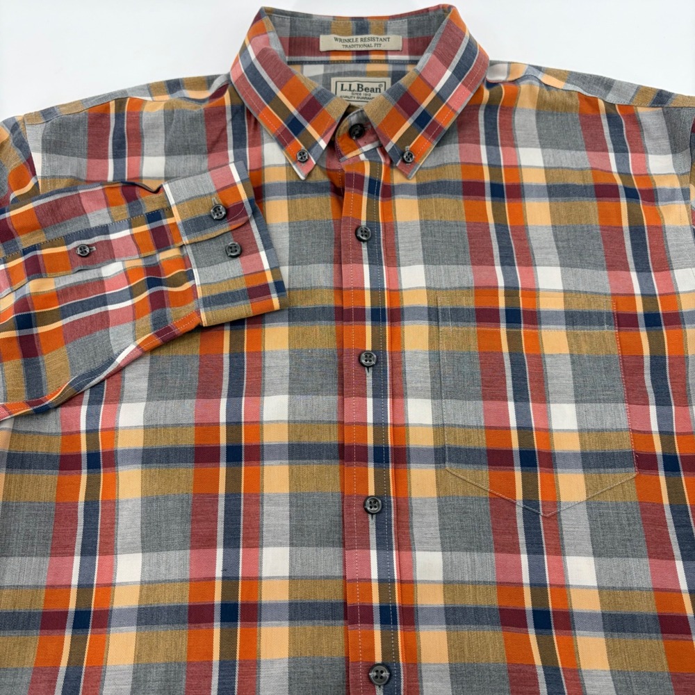 LL‎ Bean Mens M Traditional Fit Wrinkle Resistant Cotton Plaid Shirt Orange Blue